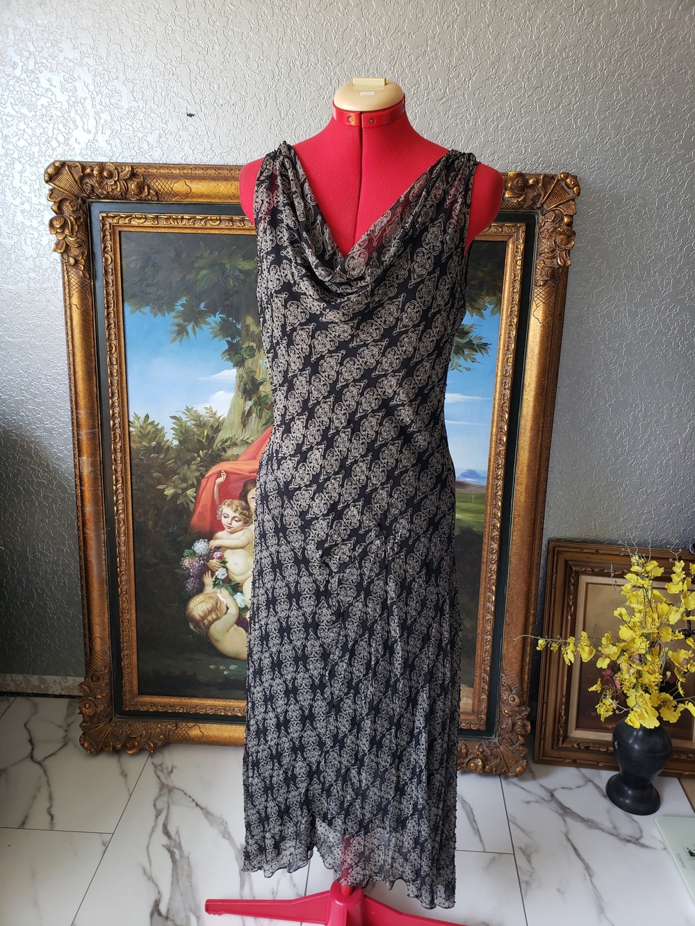 Ice Black & White Paisley Cowl-Neck Maxi Dress